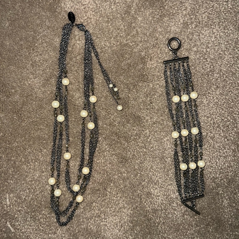 White House Black Market Necklace & Bracelet Set with Chain & Pearl Details EUC